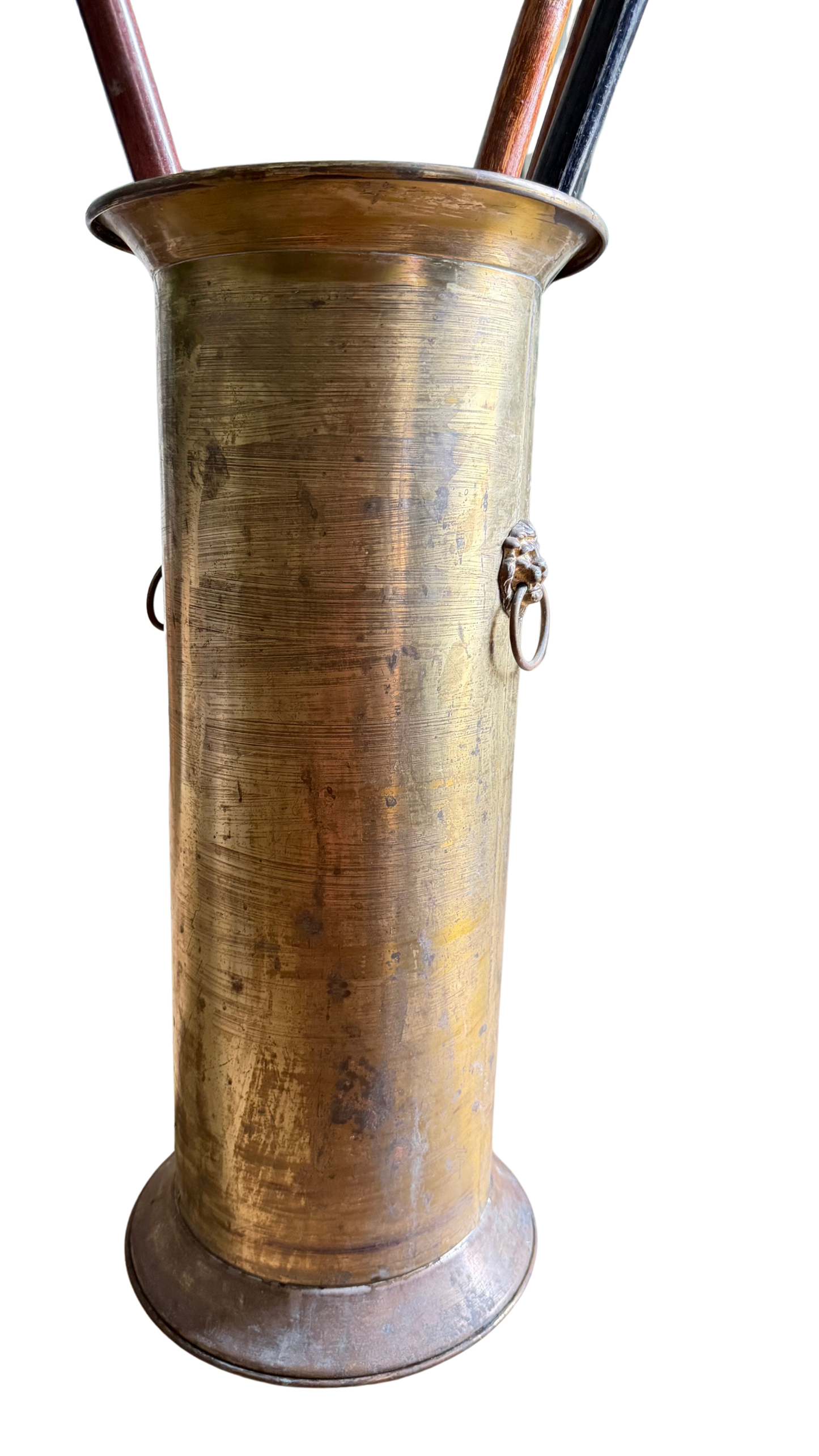 Vintage Brass Lion Head Umbrella Stand with Beautifully Timeworn Patina