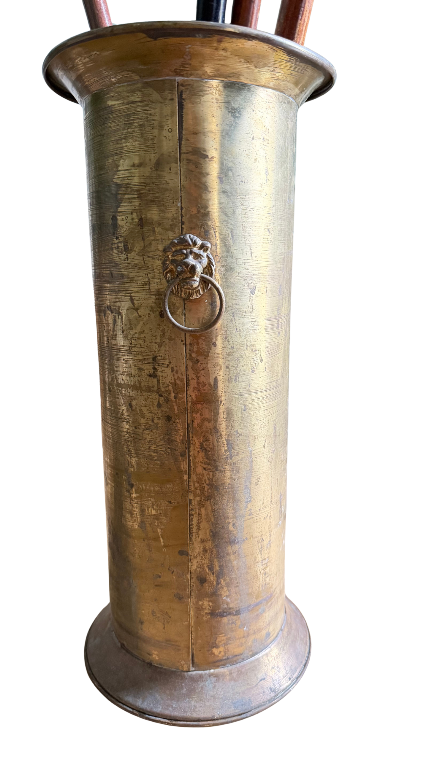 Vintage Brass Lion Head Umbrella Stand with Beautifully Timeworn Patina