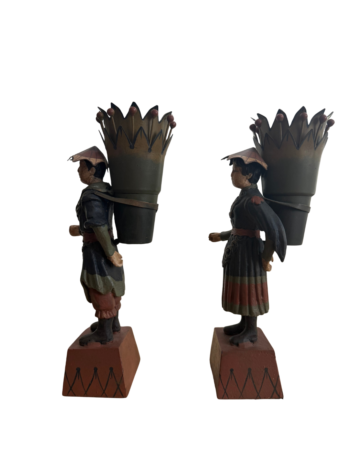 Vintage Painted Tole Chinoiserie Figures, In the Manner of Chelsea House