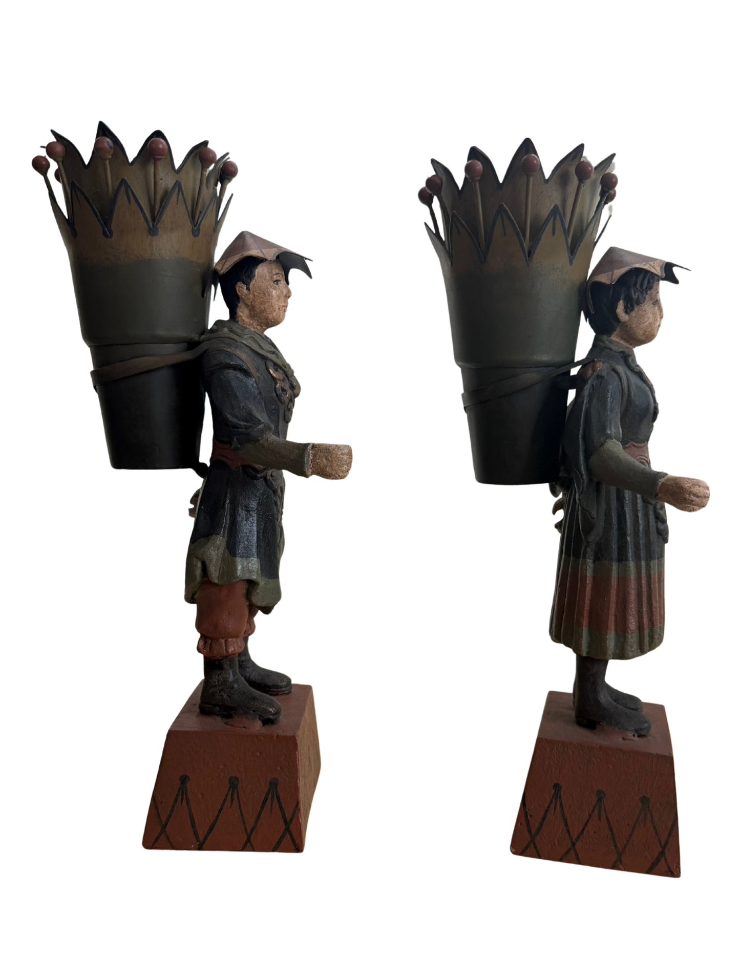 Vintage Painted Tole Chinoiserie Figures, In the Manner of Chelsea House