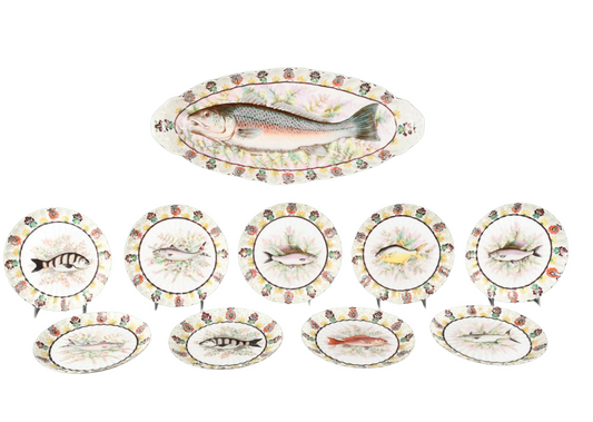 A rare 10-piece Marx & Gutherz Carlsbad Austrian porcelain fish service, circa 1890s.