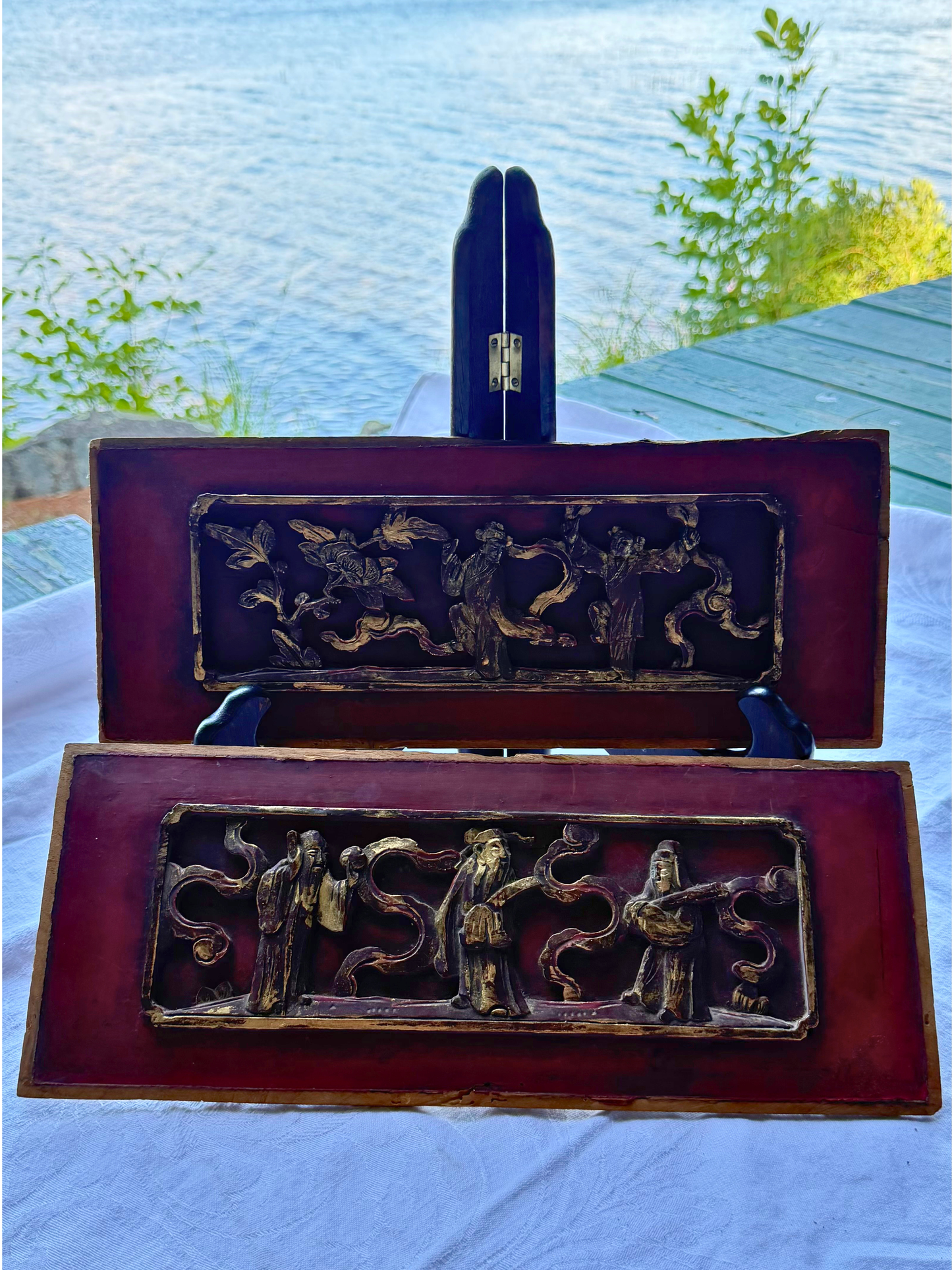 Pair of Late Qing Chinese Red Lacquer & Gilt Wedding Bed Panels