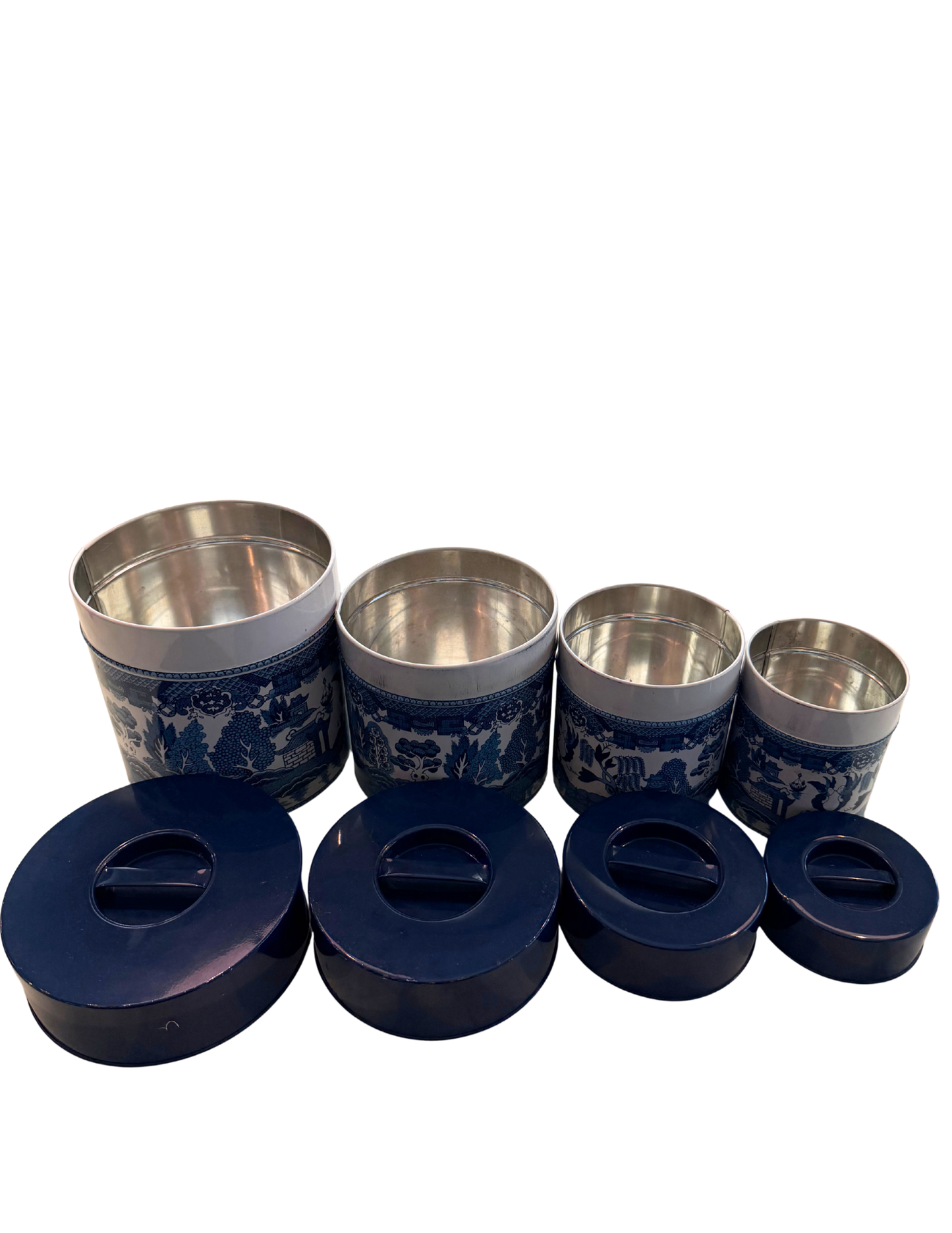 1960s Howard Holt Blue Willow Tin Canister Set, Set of 4