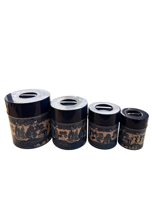 1960s Howard Holt Blue Willow Tin Canister Set, Set of 4