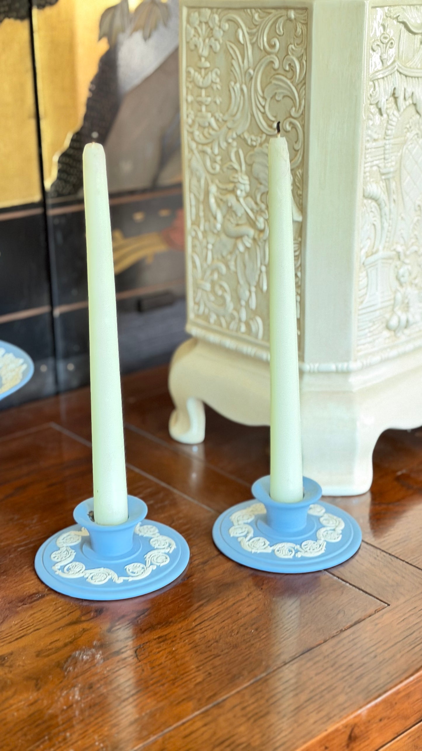 Pair of vintage 1976 Wedgwood pale blue Jasperware candleholders with white neoclassical floral relief