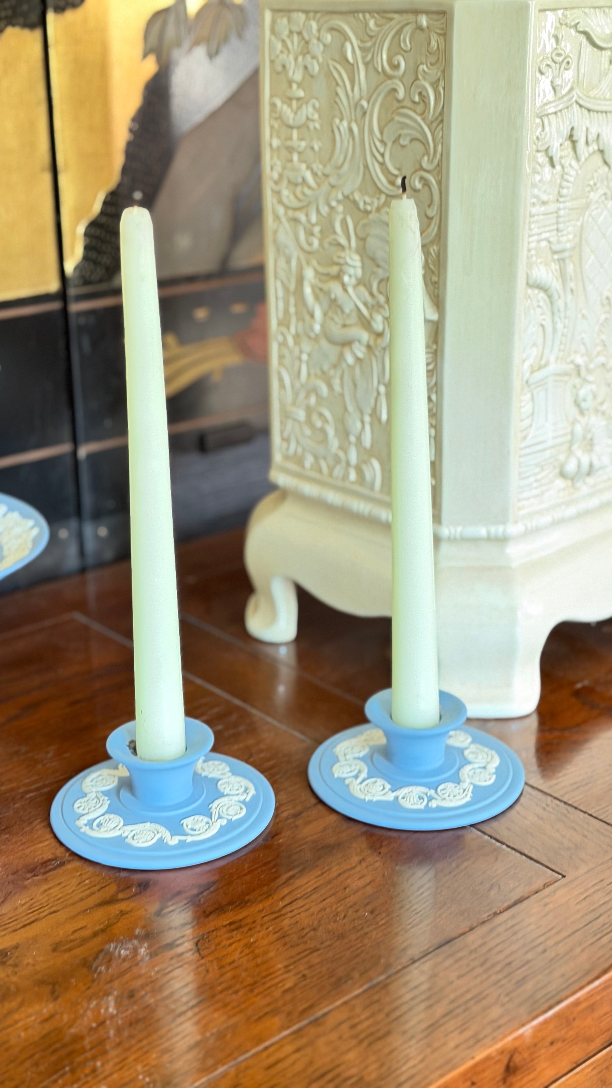 Pair of vintage 1976 Wedgwood pale blue Jasperware candleholders with white neoclassical floral relief