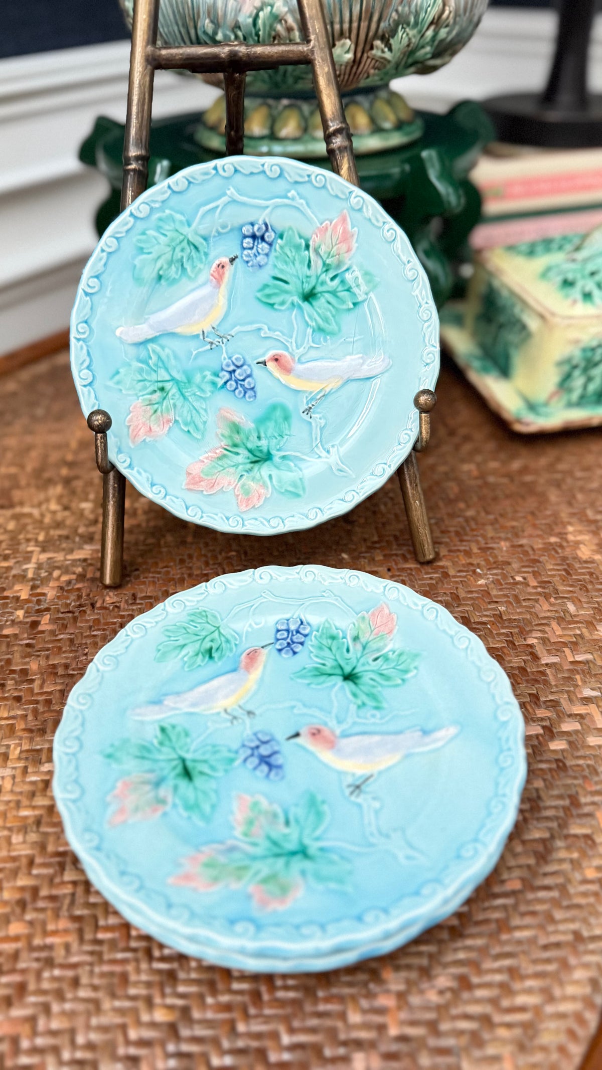 Vintage Highmount West German turquoise majolica plates with raised birds, grapes and leaves