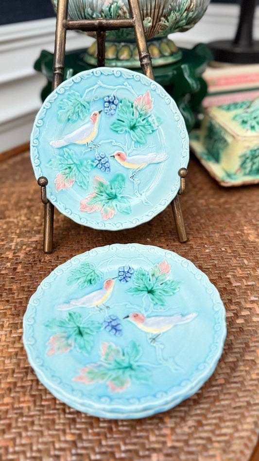 Vintage Highmount West German turquoise majolica plates with raised birds, grapes and leaves