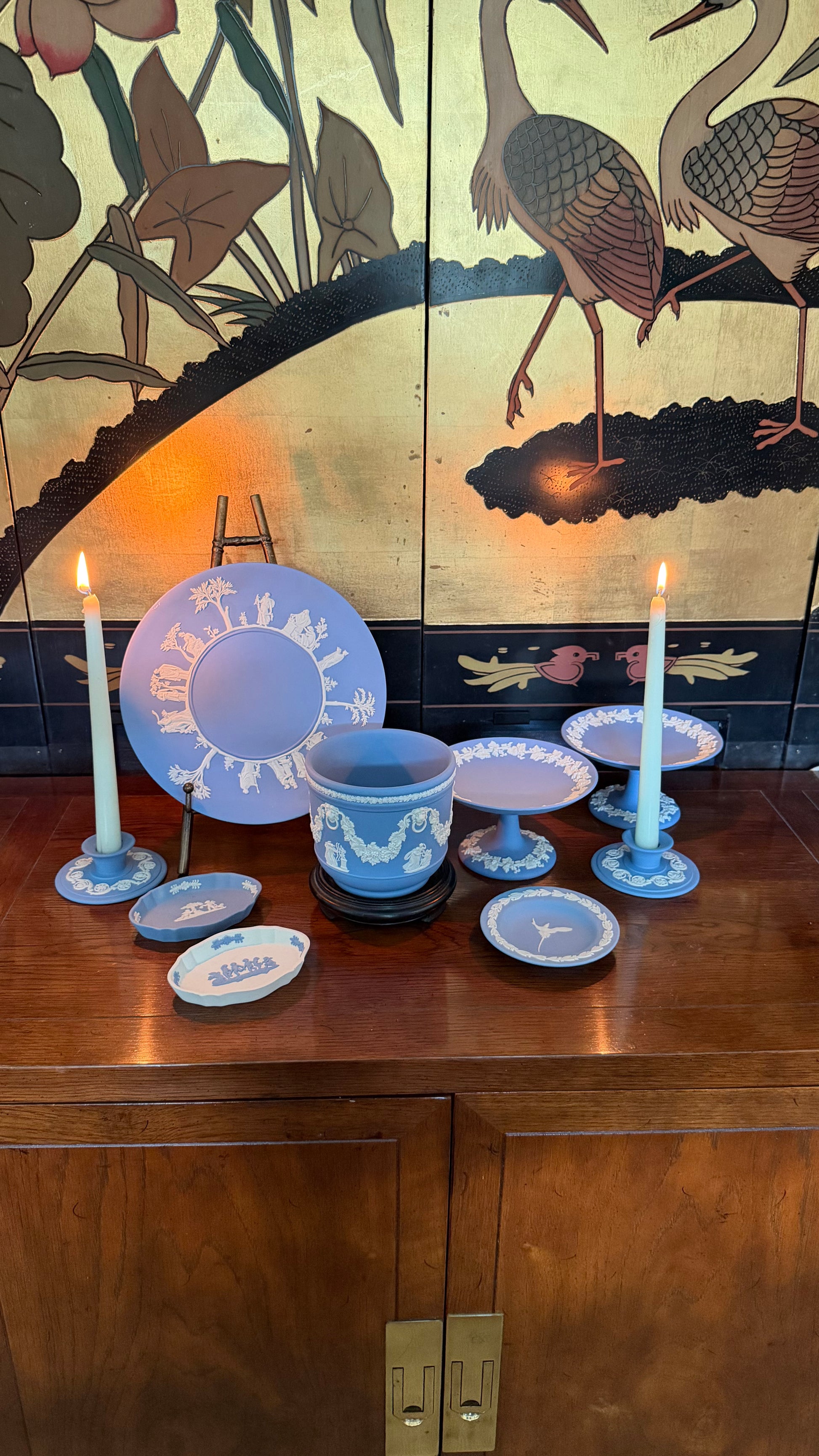 Vintage Wedgwood pale blue Jasperware pedestal tazza with white grapevine relief