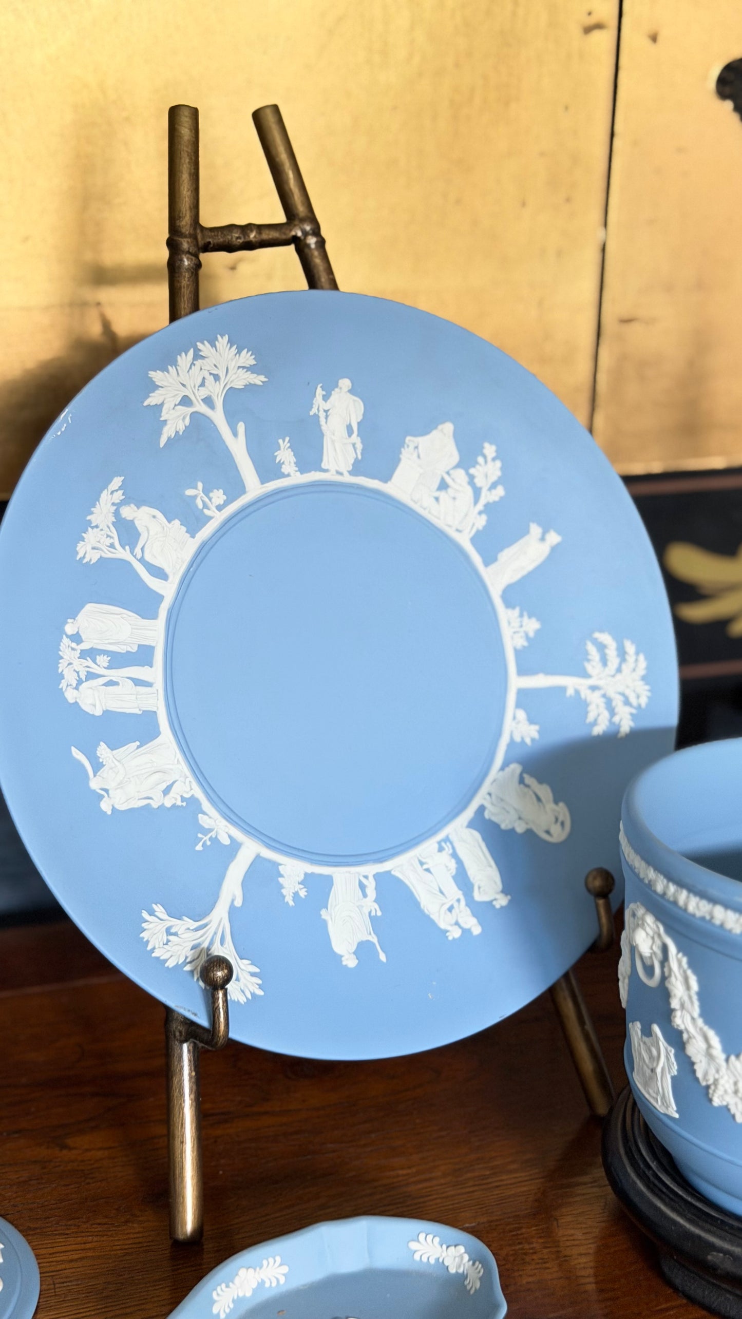 Vintage Wedgwood pale blue Jasperware Sacrifice cake plate with white neoclassical figures