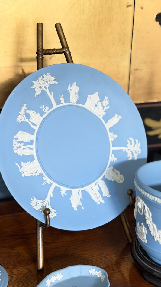 Vintage Wedgwood pale blue Jasperware Sacrifice cake plate with white neoclassical figures