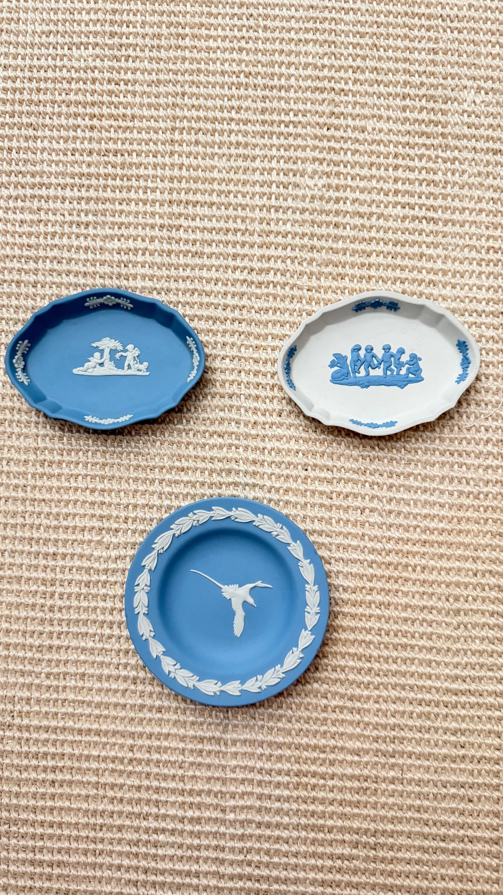 Collection of vintage Wedgwood Jasperware trinket dishes in pale blue, white and reverse blue-and-white designs