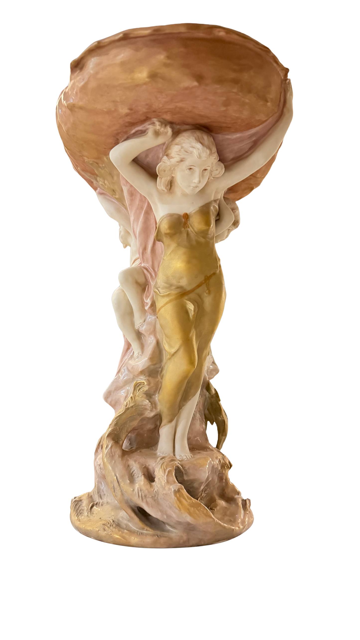 Vintage Royal Dux Art Nouveau Revival Nymph & Putti Shell Centerpiece, Model 10388