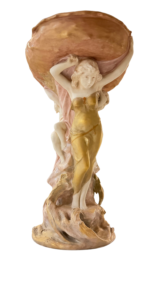 Vintage Royal Dux Art Nouveau Revival Nymph & Putti Shell Centerpiece, Model 10388