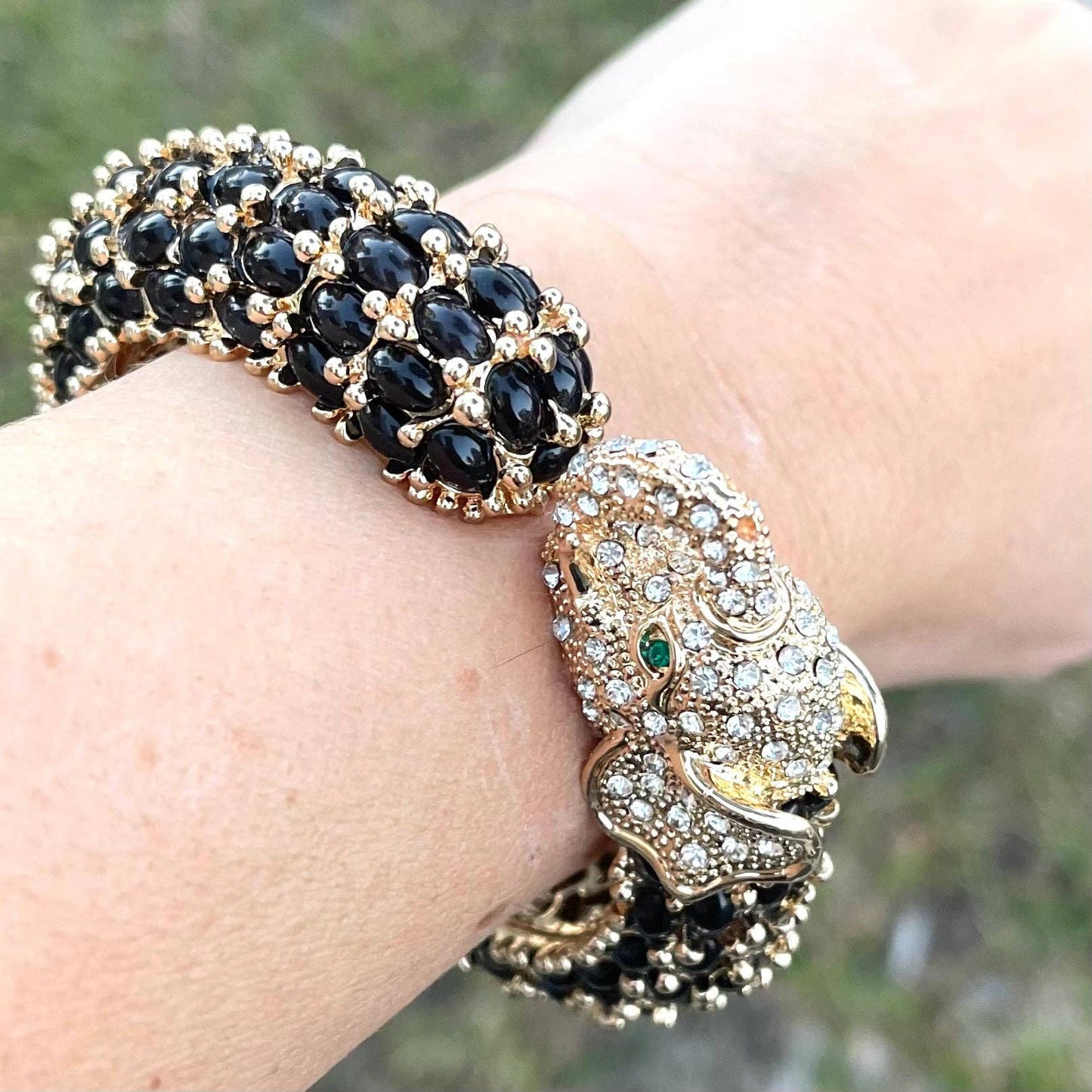 Beaded Elephant Hinged Bracelet in Black