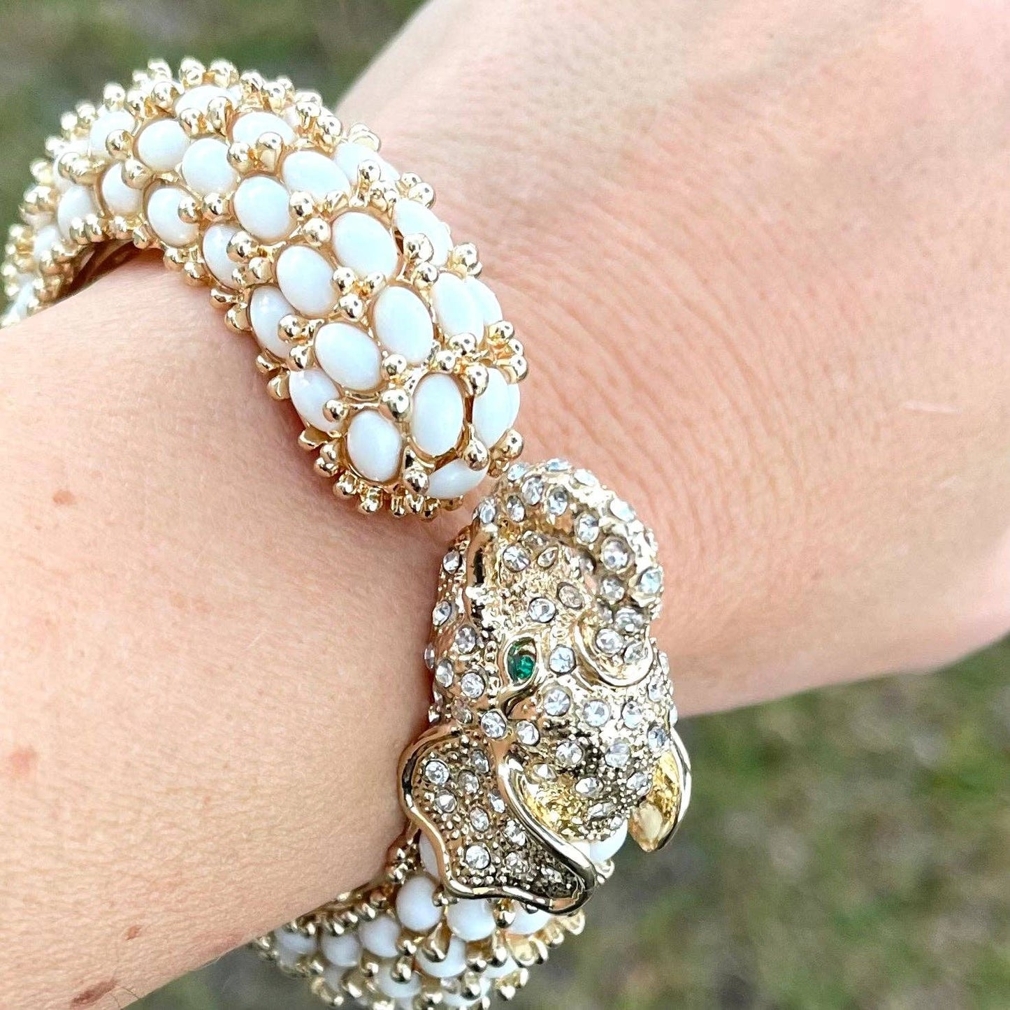 Beaded Elephant Hinged Bracelet in White