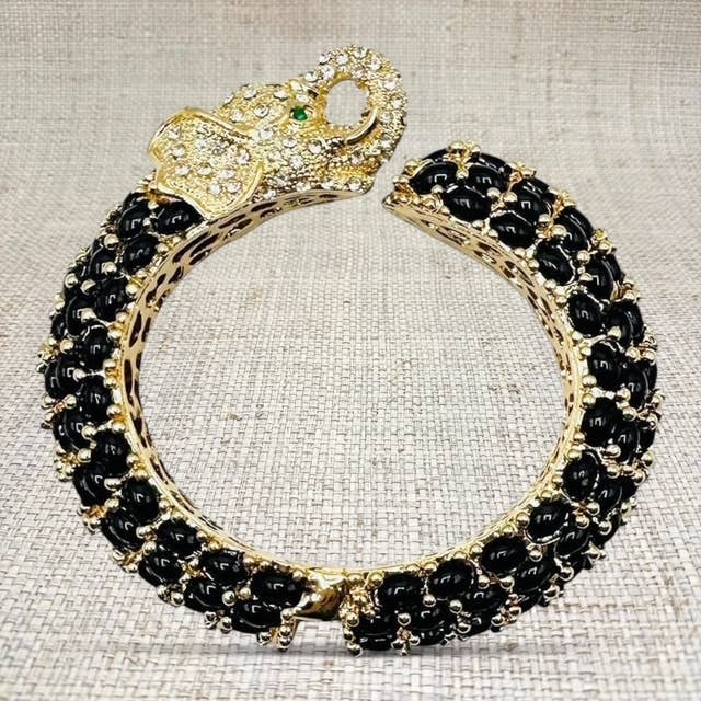 Beaded Elephant Hinged Bracelet in Black