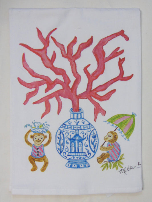 Watercolor Coral & Monkeys Flour Sack Towel – Limited Edition by Lowcountry Linen