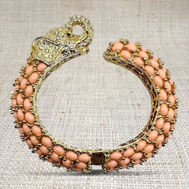 Beaded Elephant Hinged Bracelet in Pink